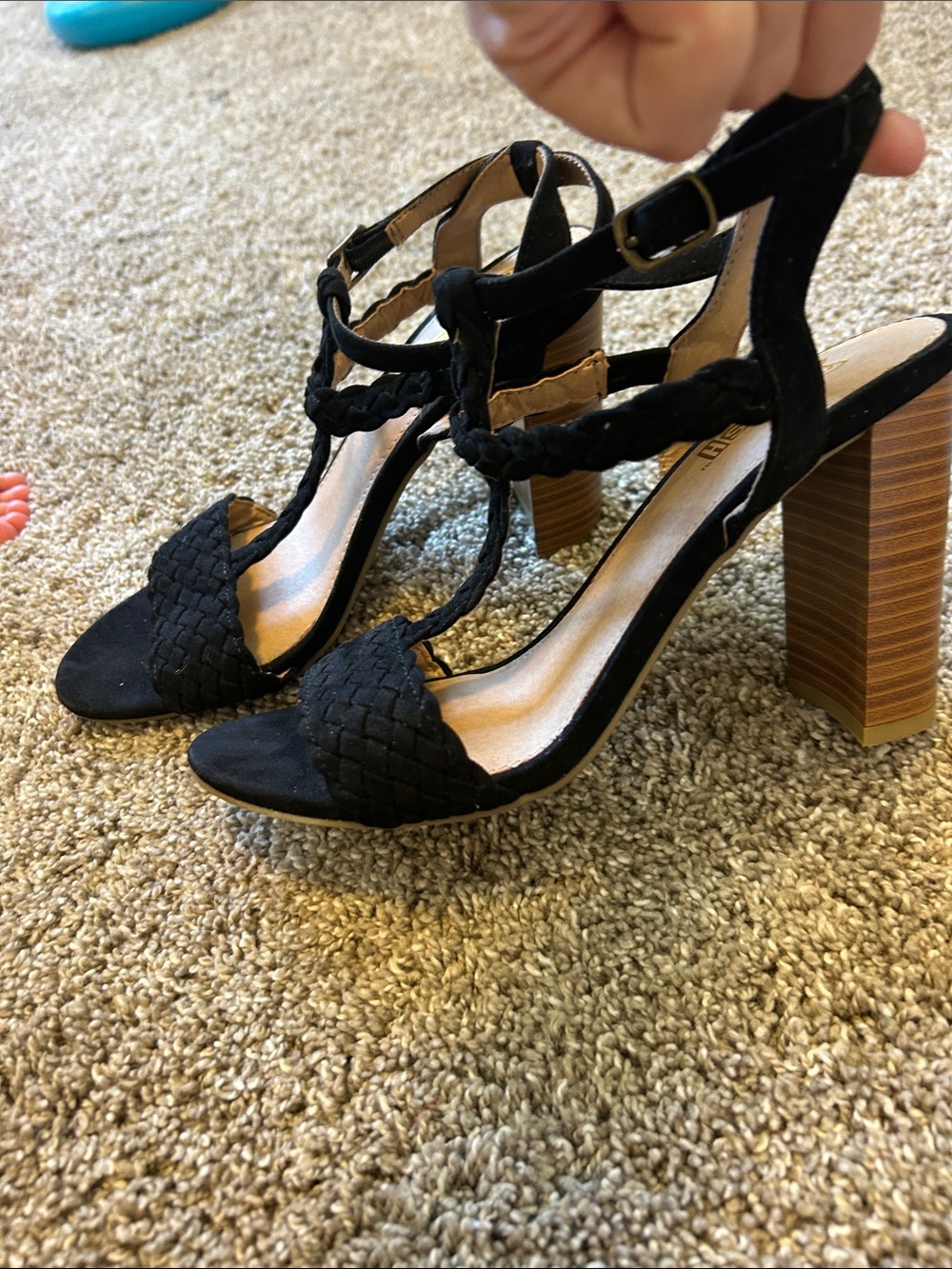 Braided Strap Black Block Heel Sandals